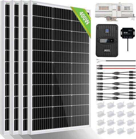ECO-WORTHY 400 Watt 12 Volt Premium Solar Panel Kit :4pcs 100W Solar Panel+ 40A MPPT Charge Controller+ Bluetooth Module+ Mounting Z Brackets, 400W 12V Solar Power Off Grid System for Home, RV, Boat. in Kuwait