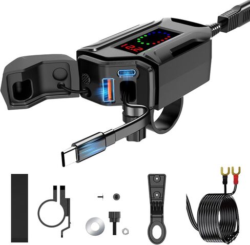 Motorcycle USB Charger, 3-in-1 Fast Charging with USB-A & USB-C + Retractable Type-C Cable, 12–24V Waterproof IP56, LED Voltmeter, Handlebar & Mirror Mount for Motorbike ATV in Saudi Arabia
