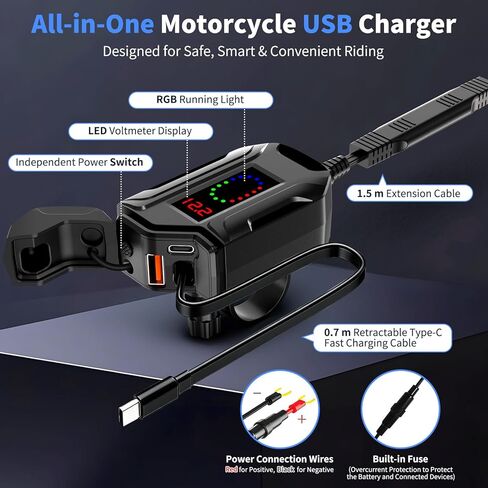 Motorcycle USB Charger, 3-in-1 Fast Charging with USB-A & USB-C + Retractable Type-C Cable, 12–24V Waterproof IP56, LED Voltmeter, Handlebar & Mirror Mount for Motorbike ATV in Saudi Arabia