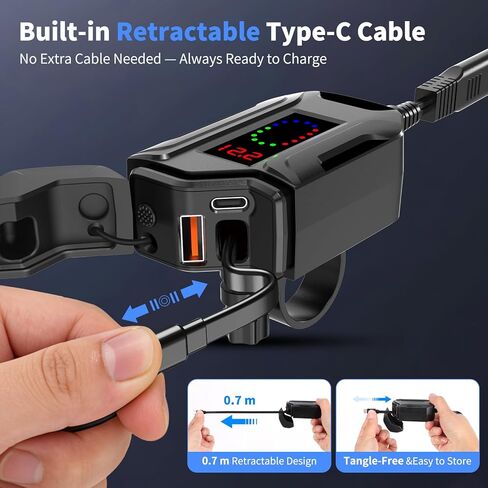 Motorcycle USB Charger, 3-in-1 Fast Charging with USB-A & USB-C + Retractable Type-C Cable, 12–24V Waterproof IP56, LED Voltmeter, Handlebar & Mirror Mount for Motorbike ATV in Saudi Arabia