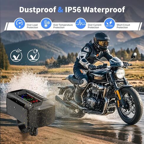 Motorcycle USB Charger, 3-in-1 Fast Charging with USB-A & USB-C + Retractable Type-C Cable, 12–24V Waterproof IP56, LED Voltmeter, Handlebar & Mirror Mount for Motorbike ATV in Saudi Arabia