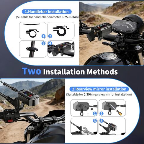 Motorcycle USB Charger, 3-in-1 Fast Charging with USB-A & USB-C + Retractable Type-C Cable, 12–24V Waterproof IP56, LED Voltmeter, Handlebar & Mirror Mount for Motorbike ATV in Saudi Arabia