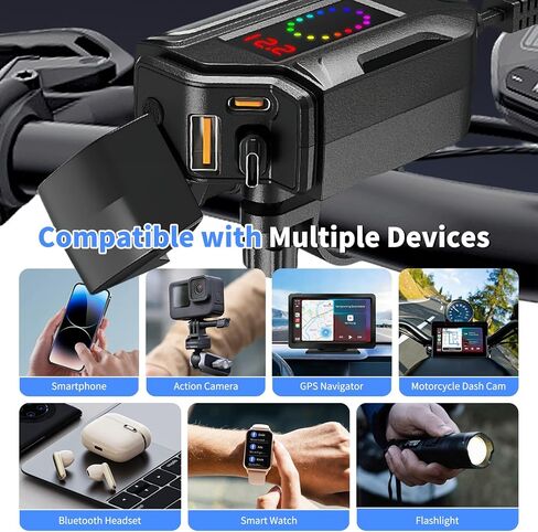 Motorcycle USB Charger, 3-in-1 Fast Charging with USB-A & USB-C + Retractable Type-C Cable, 12–24V Waterproof IP56, LED Voltmeter, Handlebar & Mirror Mount for Motorbike ATV in Saudi Arabia
