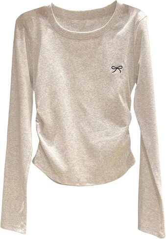 Girl's Bow Embroidery T Shirts Crew Neck Long Sleeve Spring Fall Basic Tees in Saudi Arabia