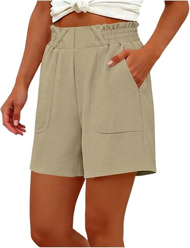 Womens Shorts Dressy Casual Elastic Waisted Summer Shorts Loose Solid Color Beach Vacation Outfits with Pockets in Saudi Arabia