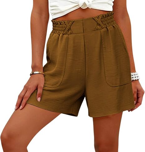 Womens Shorts Dressy Casual Elastic Waisted Summer Shorts Loose Solid Color Beach Vacation Outfits with Pockets in Saudi Arabia
