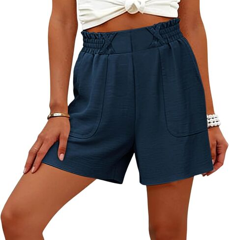 Womens Shorts Dressy Casual Elastic Waisted Summer Shorts Loose Solid Color Beach Vacation Outfits with Pockets in Saudi Arabia