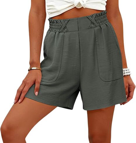Womens Shorts Dressy Casual Elastic Waisted Summer Shorts Loose Solid Color Beach Vacation Outfits with Pockets in Saudi Arabia