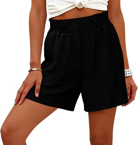 Womens Shorts Dressy Casual Elastic Waisted Summer Shorts Loose Solid Color Beach Vacation Outfits with Pockets in Saudi Arabia
