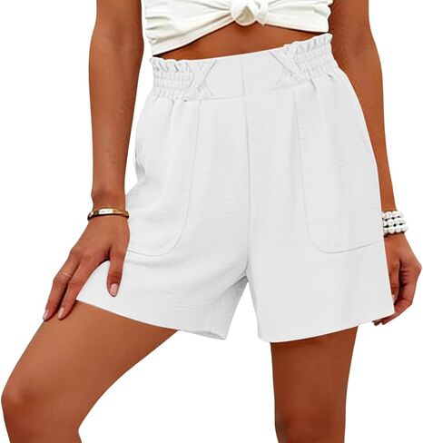 Womens Shorts Dressy Casual Elastic Waisted Summer Shorts Loose Solid Color Beach Vacation Outfits with Pockets in Saudi Arabia