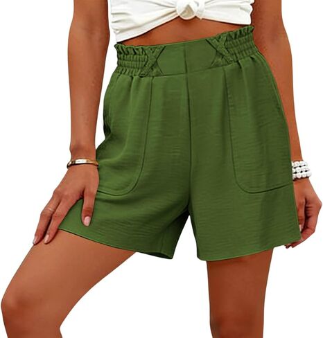 Womens Shorts Dressy Casual Elastic Waisted Summer Shorts Loose Solid Color Beach Vacation Outfits with Pockets in Saudi Arabia