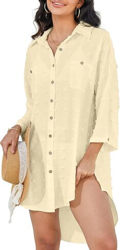 ملابس سباحة للسيدات من Breezy Lane، قميص سباحة بغطاء للشاطئ بأزرار سويسرية منقط in Kuwait