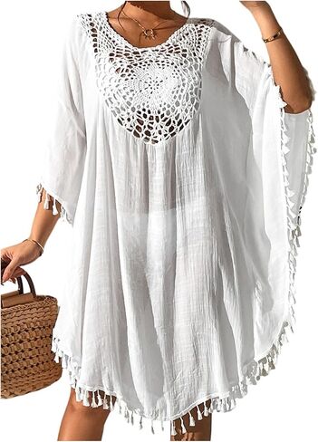 WDIRARA Women's Crochet Cover Up Dress 3/4 Sleeve Tassel Beach Dress Swimwear in Saudi Arabia