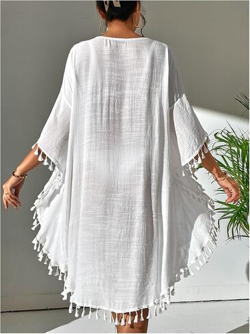 WDIRARA Women's Crochet Cover Up Dress 3/4 Sleeve Tassel Beach Dress Swimwear in Saudi Arabia