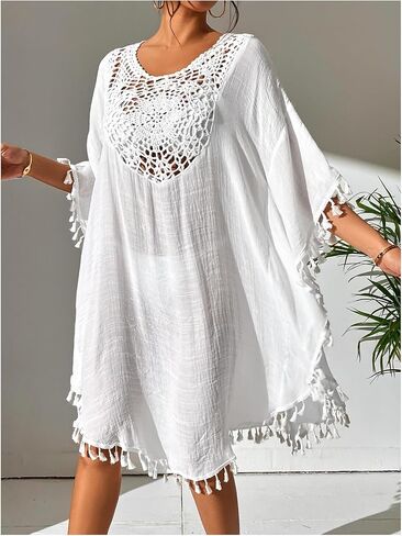 WDIRARA Women's Crochet Cover Up Dress 3/4 Sleeve Tassel Beach Dress Swimwear in Saudi Arabia