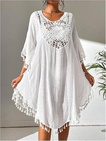 WDIRARA Women's Crochet Cover Up Dress 3/4 Sleeve Tassel Beach Dress Swimwear in Saudi Arabia