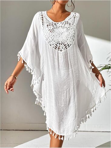 WDIRARA Women's Crochet Cover Up Dress 3/4 Sleeve Tassel Beach Dress Swimwear in Saudi Arabia
