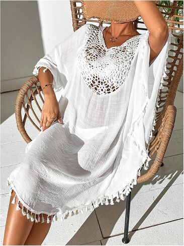 WDIRARA Women's Crochet Cover Up Dress 3/4 Sleeve Tassel Beach Dress Swimwear in Saudi Arabia