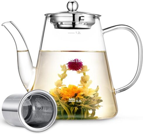 Glass Teapot, Zpose 1200ml (40oz) Teapot with Removable Infuser for Loose Tea and Blooming Tea, Stovetop Safe Tea Kettle, Borosilicate Glass Tea Pot with Scale Line, Gift Box for Tea Maker in Saudi Arabia