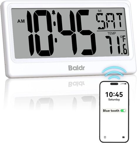 Baldr Digital Clock with Bluetooth Auto Time Sync, No App Required, Large Display Desktop Alarm Clock, Battery Operated, Temperature & Weekday, Wall or Desk Clock for Home Office, White in Kuwait