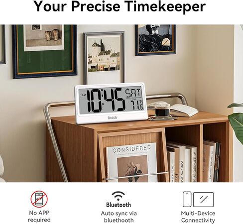 Baldr Digital Clock with Bluetooth Auto Time Sync, No App Required, Large Display Desktop Alarm Clock, Battery Operated, Temperature & Weekday, Wall or Desk Clock for Home Office, White in Kuwait
