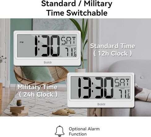 Baldr Digital Clock with Bluetooth Auto Time Sync, No App Required, Large Display Desktop Alarm Clock, Battery Operated, Temperature & Weekday, Wall or Desk Clock for Home Office, White in Kuwait