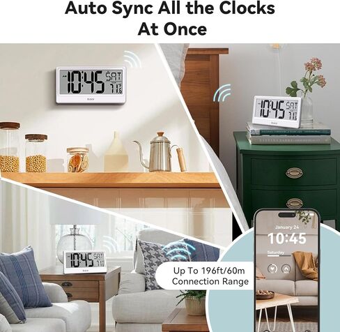 Baldr Digital Clock with Bluetooth Auto Time Sync, No App Required, Large Display Desktop Alarm Clock, Battery Operated, Temperature & Weekday, Wall or Desk Clock for Home Office, White in Kuwait