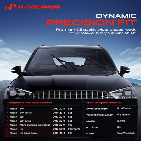 شفرات ممسحة الزجاج الأمامي A-Premium 26 بوصة و17 بوصة متوافقة مع BMW 640i، 650i، M6، 640i 650i xDrive، Alpina B6 xDrive Gran Coupe - موصل SLN، مع مؤشر التآكل ومنشفة (عبوة من 2) in Saudi Arabia