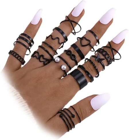 24Pcs Boho Gold/Black/Silver Stackable Kunckle Rings Set for Women, Statement Butterfly Heart Pearl Stacking Finger Ring Vintage Party Jewelry Gifts in Saudi Arabia