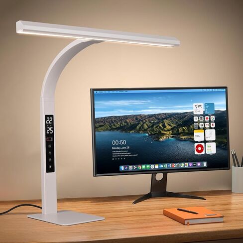 مصباح مكتب LED للمكتب المنزلي، ضوء عمل الكمبيوتر المعماري، درجة حرارة اللون التي تعمل باللمس تعتيم بدون خطوات وأنبوب معقوفة مرن قابل للتعديل. مصباح مكتبي مع ساعة، مناسب للقراءة والدراسة. in Kuwait