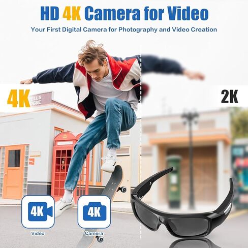 كاميرا فيديو رياضية وأكشن بدقة 4K 2160P FHD، نظارات شمسية للكاميرا مع عدسات مستقطبة للحماية من الأشعة فوق البنفسجية 400 + عدسة صفراء شفافة/مبهرة للرياضات الخارجية (تتضمن بطاقة TF سعة 64 جيجابايت) in Kuwait