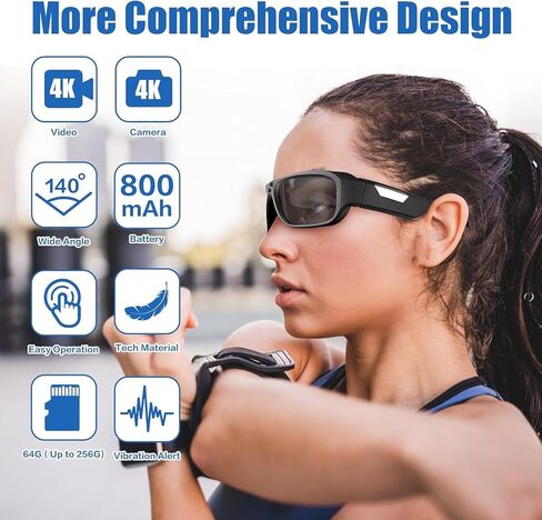 كاميرا فيديو رياضية وأكشن بدقة 4K 2160P FHD، نظارات شمسية للكاميرا مع عدسات مستقطبة للحماية من الأشعة فوق البنفسجية 400 + عدسة صفراء شفافة/مبهرة للرياضات الخارجية (تتضمن بطاقة TF سعة 64 جيجابايت) in Kuwait