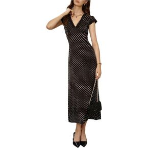 Milumia Women's Polka Dots Cap Sleeve Maxi Dress Elegant Lace Trim V Neck A Line Dresses in Kuwait