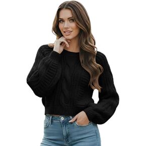 Women's Cropped Cable Knit Sweater, Soft and Warm Long Sleeve Pullover, Casual Knit Top for Fall Winter in Kuwait