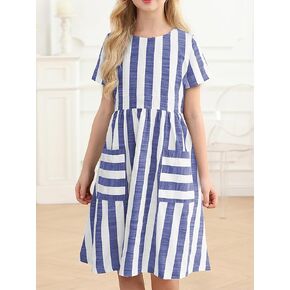 Girls Crew Neck Short Sleeve Striped Print Cute Holiday Casual Summer Flowy Dresses with Pockets 8-10 Years in Kuwait