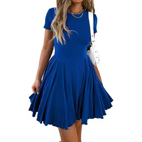 Womens Summer Fit and Flare Swing Flowy Mini Dress Casual A Line Crewneck Pleated T Shirt Skater Dress Beach Sundress in Saudi Arabia