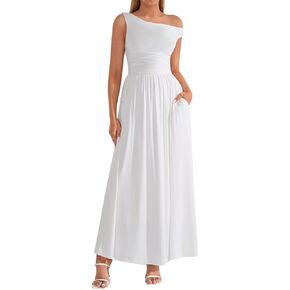 فستان طويل بكتف واحد صيفي كاجوال على شكل حرف A لحفلات الزفاف فساتين رسمية طويلة مع جيوب in Kuwait