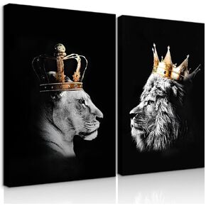 BJVJKSU Black and White Lion Wall Art - King and Queen Lioness Canvas Wall Decor with Gold Crown - Wild Animal Couple Prints Ready to Hang (12x16in) in Saudi Arabia