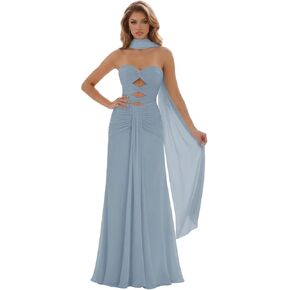 Women's Chiffon Strapless Prom Dresses with Scarf Pleated Tie Formal Gowns 2026 Long A-line Keyhole Evening Dress in Kuwait
