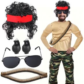 Kyson Halloween Muscle Shirt Costume Action Movie Star Accessories Set 7 Pcs Military Hero Costume Outfit for Men in Kuwait