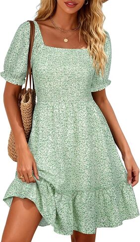 Berydress Womens Summer Smocked Sun Dress with Pockets 2026 Square Neck Short Sleeve Ruffle Boho Beach Vacation Dresses in Kuwait