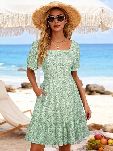 Berydress Womens Summer Smocked Sun Dress with Pockets 2026 Square Neck Short Sleeve Ruffle Boho Beach Vacation Dresses in Kuwait