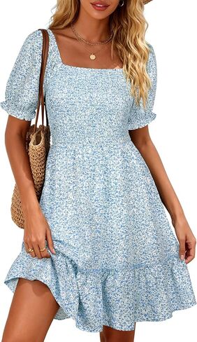 Berydress Womens Summer Smocked Sun Dress with Pockets 2026 Square Neck Short Sleeve Ruffle Boho Beach Vacation Dresses in Kuwait