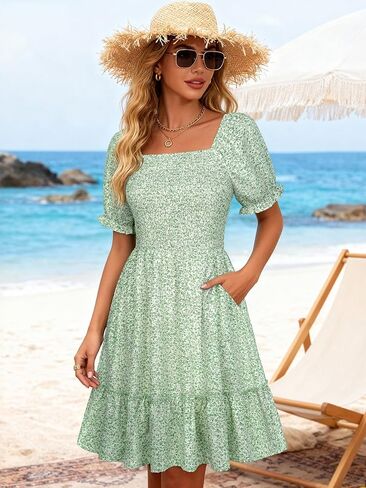 Berydress Womens Summer Smocked Sun Dress with Pockets 2026 Square Neck Short Sleeve Ruffle Boho Beach Vacation Dresses in Kuwait