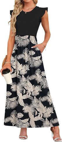 MISFAY Women's Ruffle Sleeve Maxi Dresses Casual Crewneck Long Dress with Pockets in Kuwait