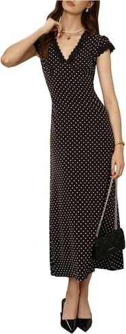 Milumia Women's Polka Dots Cap Sleeve Maxi Dress Elegant Lace Trim V Neck A Line Dresses in Kuwait