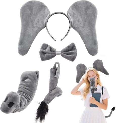 Elephant Costume Accessories 4 Piece Plush Set Gray Elephant Ears Headband with Trunk Tail Bow Tie for Animal Theme Party Cosplay Halloween World Book Day in Kuwait