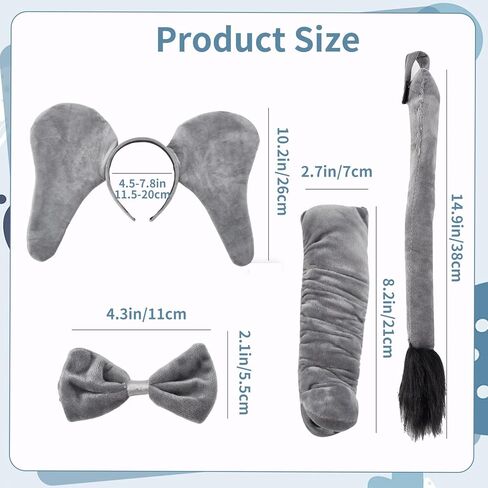 Elephant Costume Accessories 4 Piece Plush Set Gray Elephant Ears Headband with Trunk Tail Bow Tie for Animal Theme Party Cosplay Halloween World Book Day in Kuwait