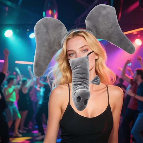 Elephant Costume Accessories 4 Piece Plush Set Gray Elephant Ears Headband with Trunk Tail Bow Tie for Animal Theme Party Cosplay Halloween World Book Day in Kuwait