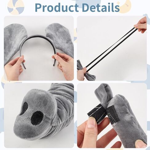 Elephant Costume Accessories 4 Piece Plush Set Gray Elephant Ears Headband with Trunk Tail Bow Tie for Animal Theme Party Cosplay Halloween World Book Day in Kuwait